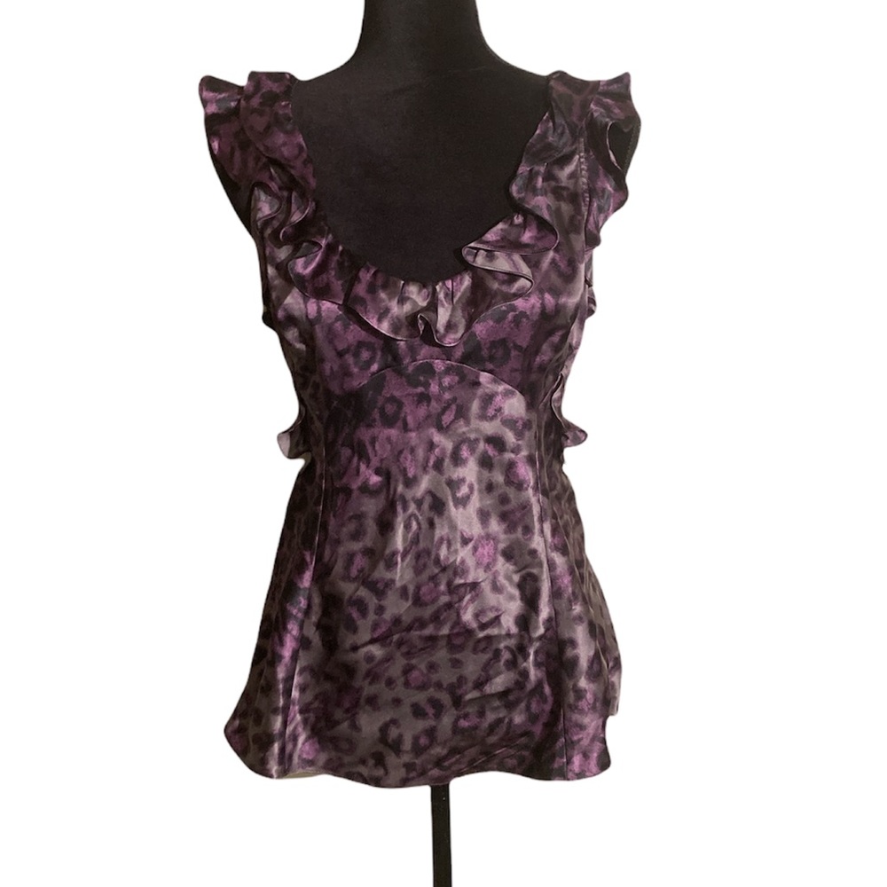 Rebecca Taylor Purple Silk Animal Print Ruffle Tank Blouse Size 8